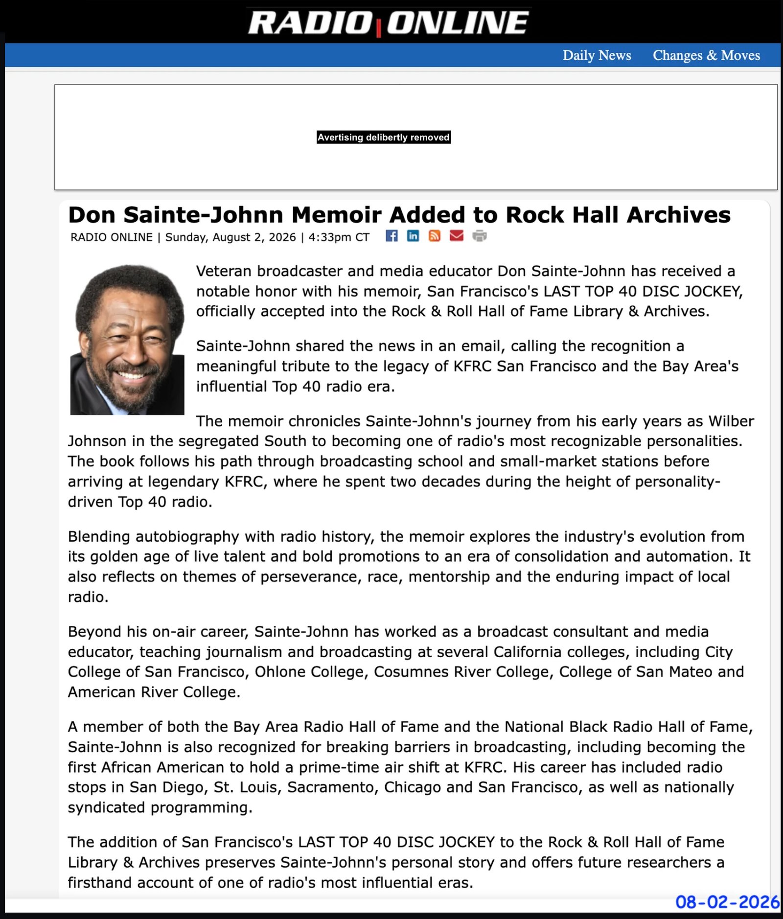 Rock & Roll HOF honors – San Francisco's Last Top 40 Disc Jockey